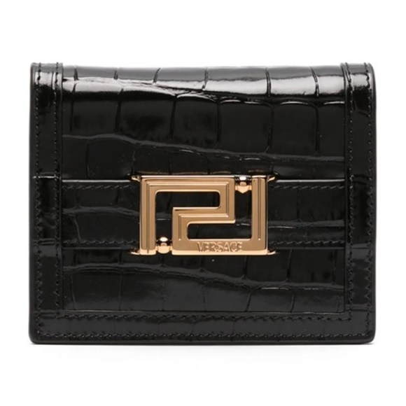 Versace Black Croc Greca Goddess Bifold Leather Wallet/BNWT/ UNISEX